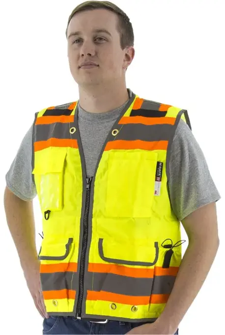 High Visibility Heavy Duty Surveyors Vest with Two-Tone DOT Striping - 75-3235-6: click to enlarge