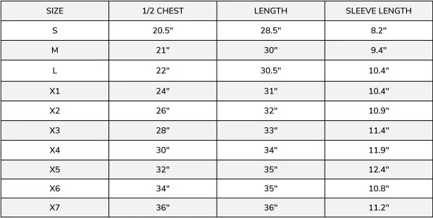 Majestic 75-5217/8 Size Chart