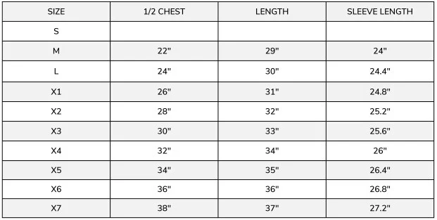 Majestic 75-5257/8 Size Chart